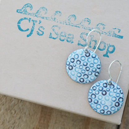 White Enamel Disc Earrings with Blue Bubbles