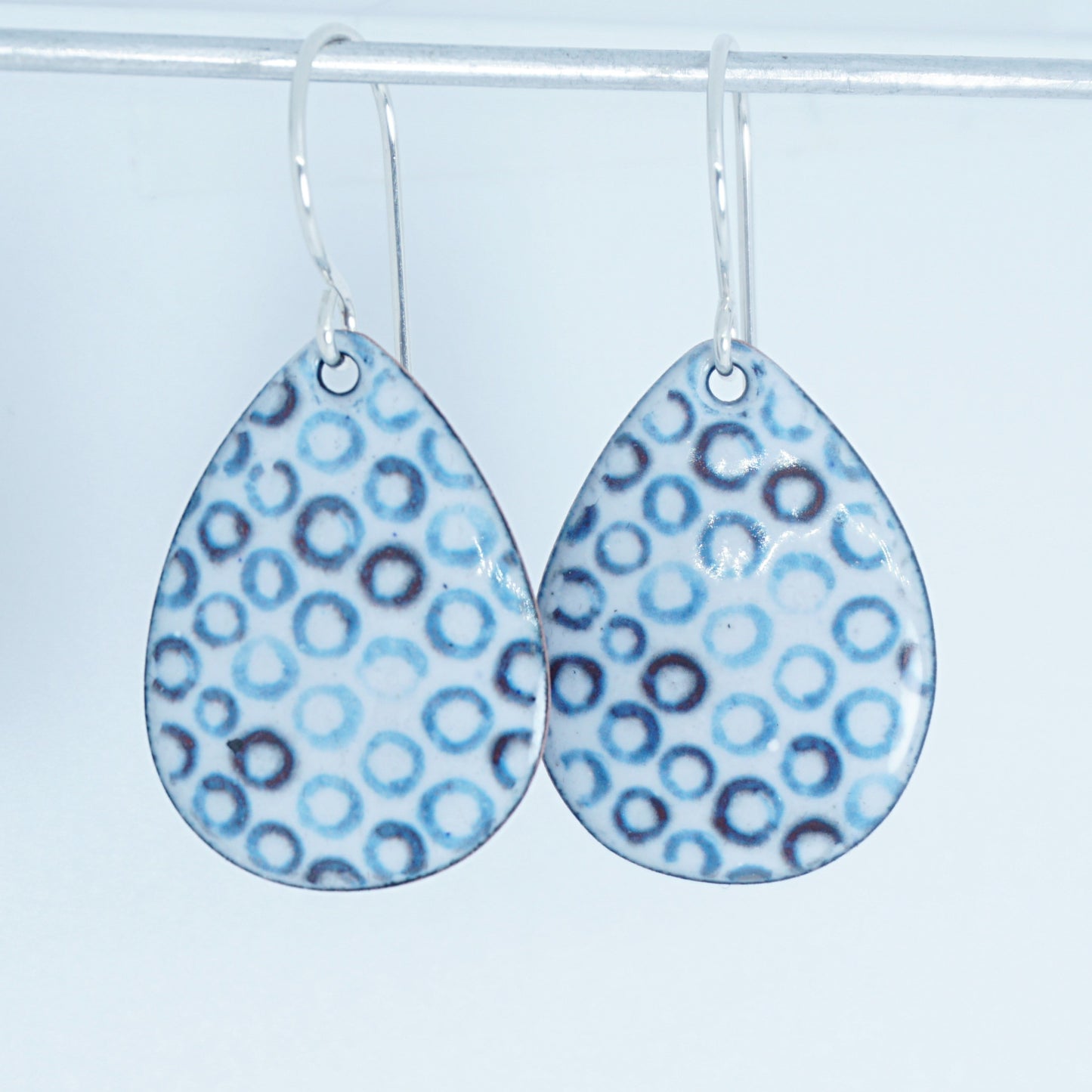 White Enamel Teardrop Earrings with Blue Bubbles