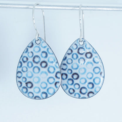 White Enamel Teardrop Earrings with Blue Bubbles