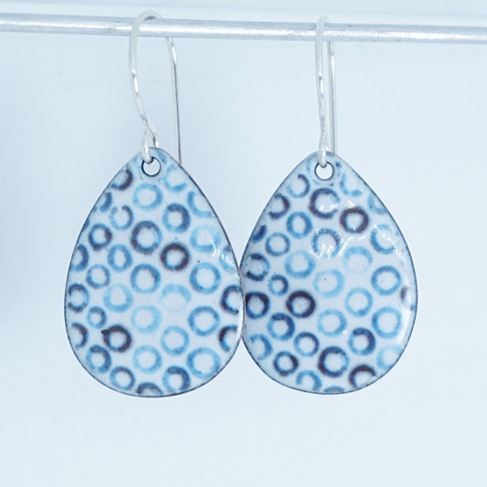 White Enamel Teardrop Earrings with Blue Bubbles