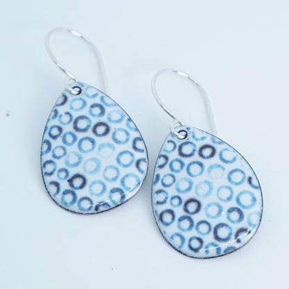 White Enamel Teardrop Earrings with Blue Bubbles