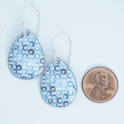 White Enamel Teardrop Earrings with Blue Bubbles