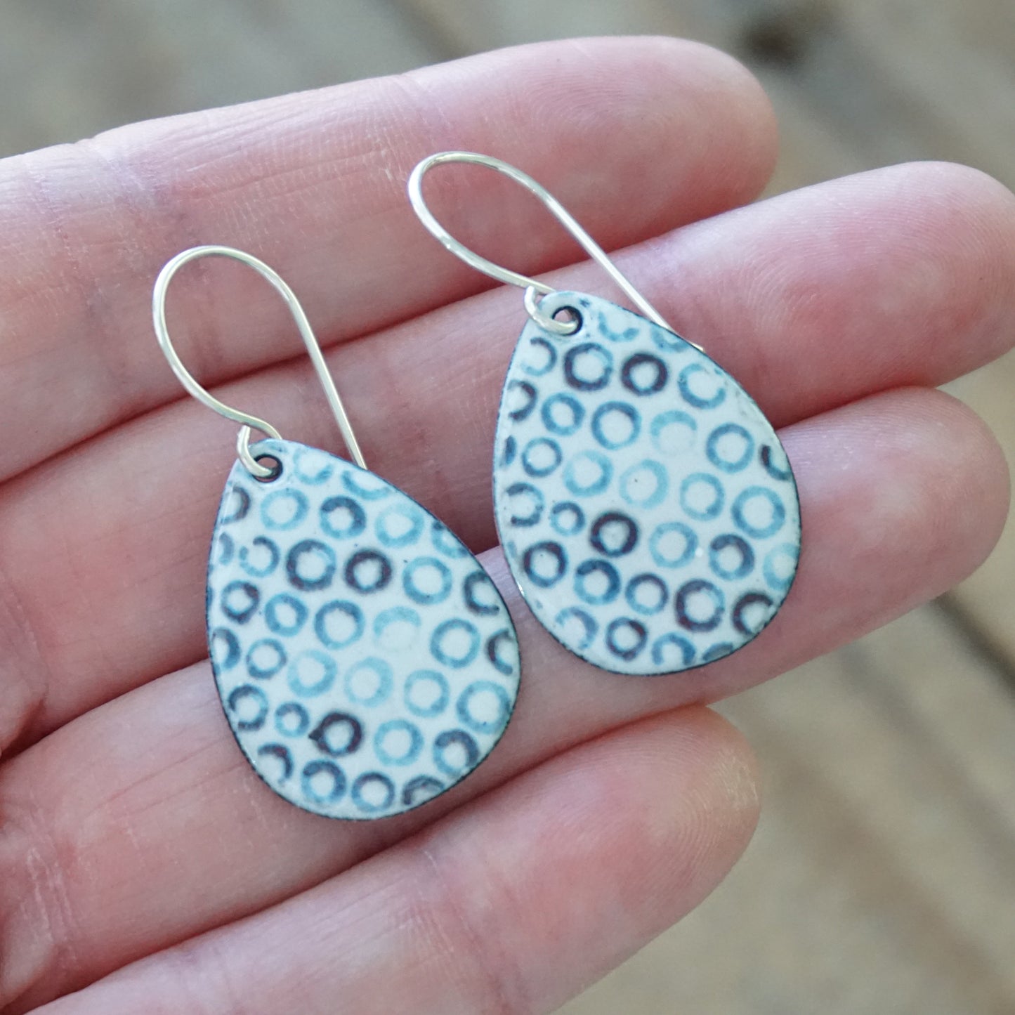 White Enamel Teardrop Earrings with Blue Bubbles