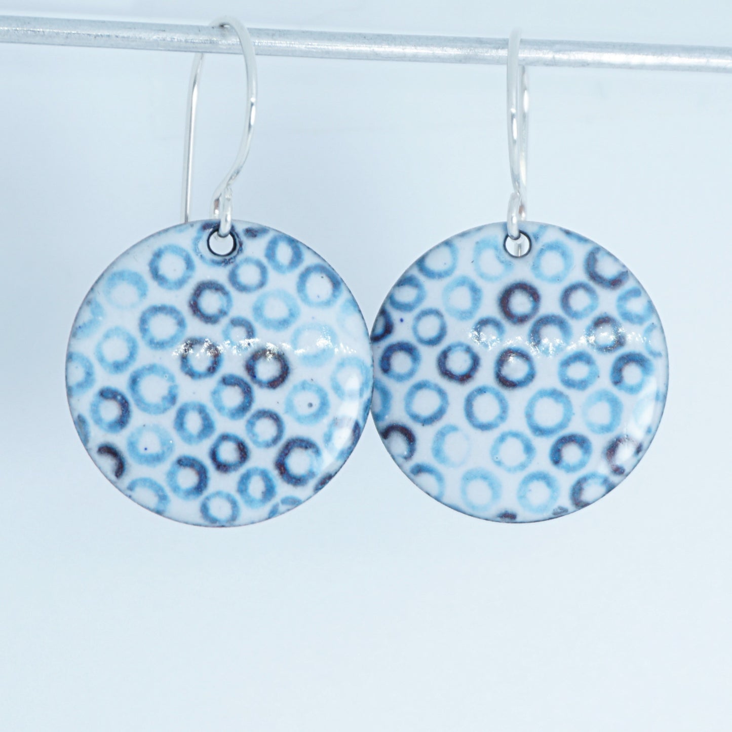 White Enamel Disc Earrings with Blue Bubbles