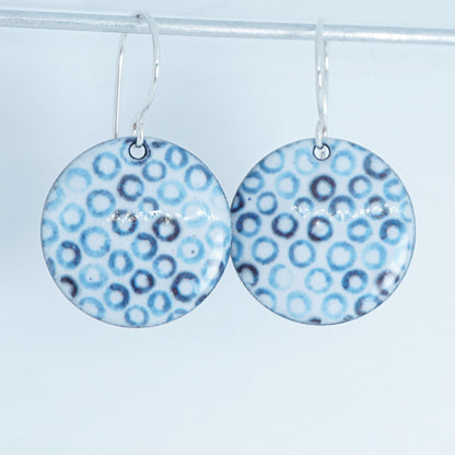 White Enamel Disc Earrings with Blue Bubbles