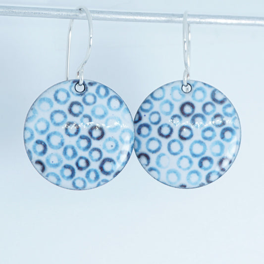 White Enamel Disc Earrings with Blue Bubbles