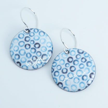 White Enamel Disc Earrings with Blue Bubbles
