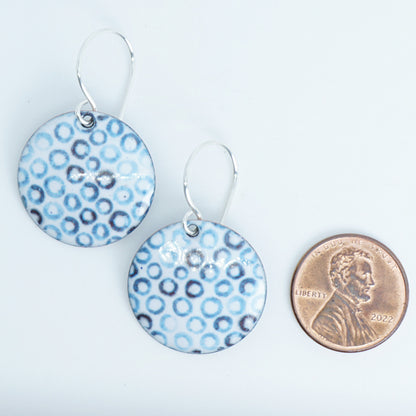 White Enamel Disc Earrings with Blue Bubbles