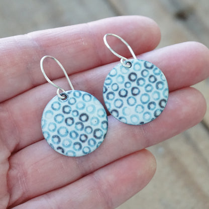 White Enamel Disc Earrings with Blue Bubbles
