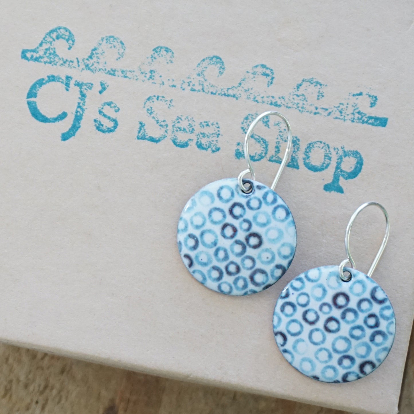 White Enamel Disc Earrings with Blue Bubbles