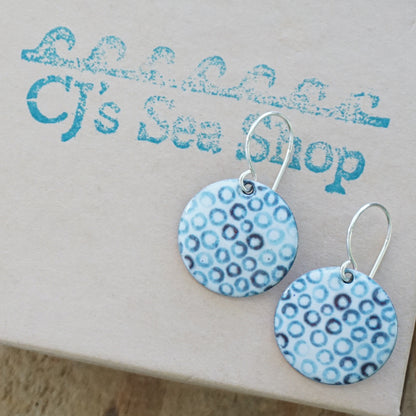 White Enamel Disc Earrings with Blue Bubbles