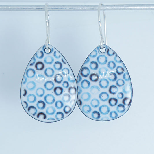 White Enamel Teardrop Earrings with Blue Bubbles