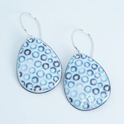 White Enamel Teardrop Earrings with Blue Bubbles