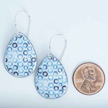 White Enamel Teardrop Earrings with Blue Bubbles