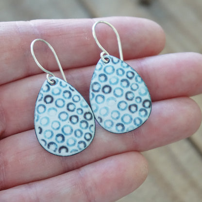 White Enamel Teardrop Earrings with Blue Bubbles