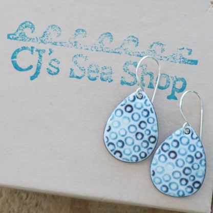 White Enamel Teardrop Earrings with Blue Bubbles