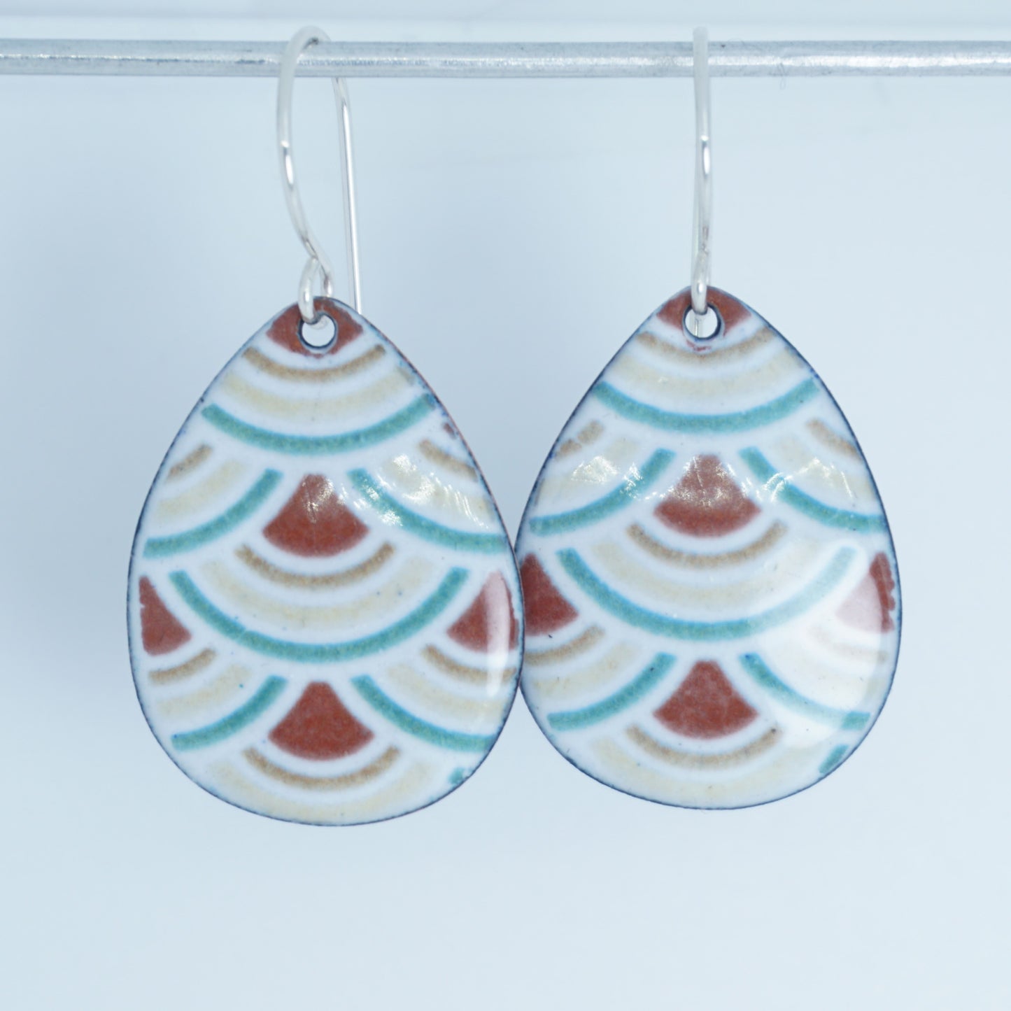 White Enamel Teardrop Earrings with Japanese Wave