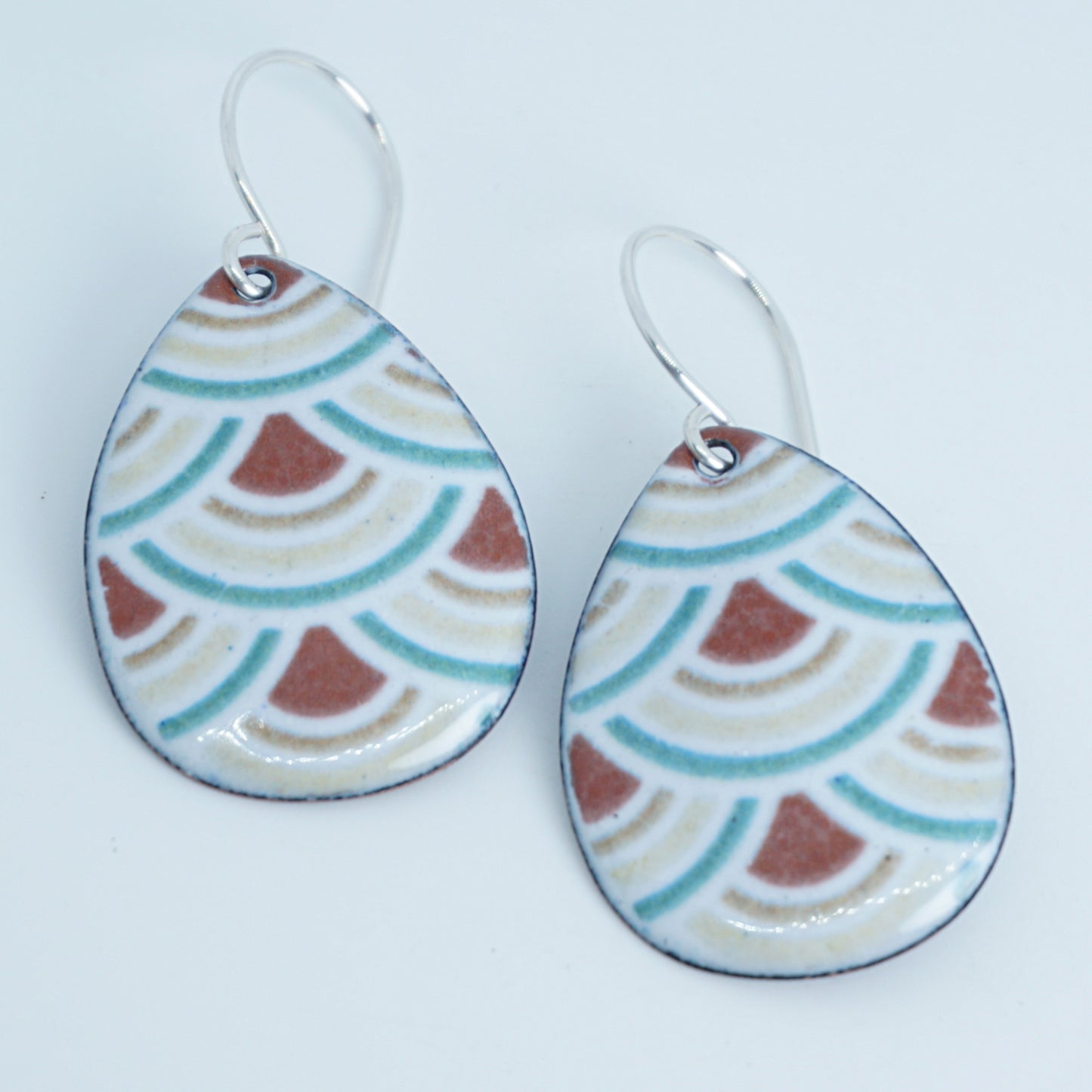 White Enamel Teardrop Earrings with Japanese Wave