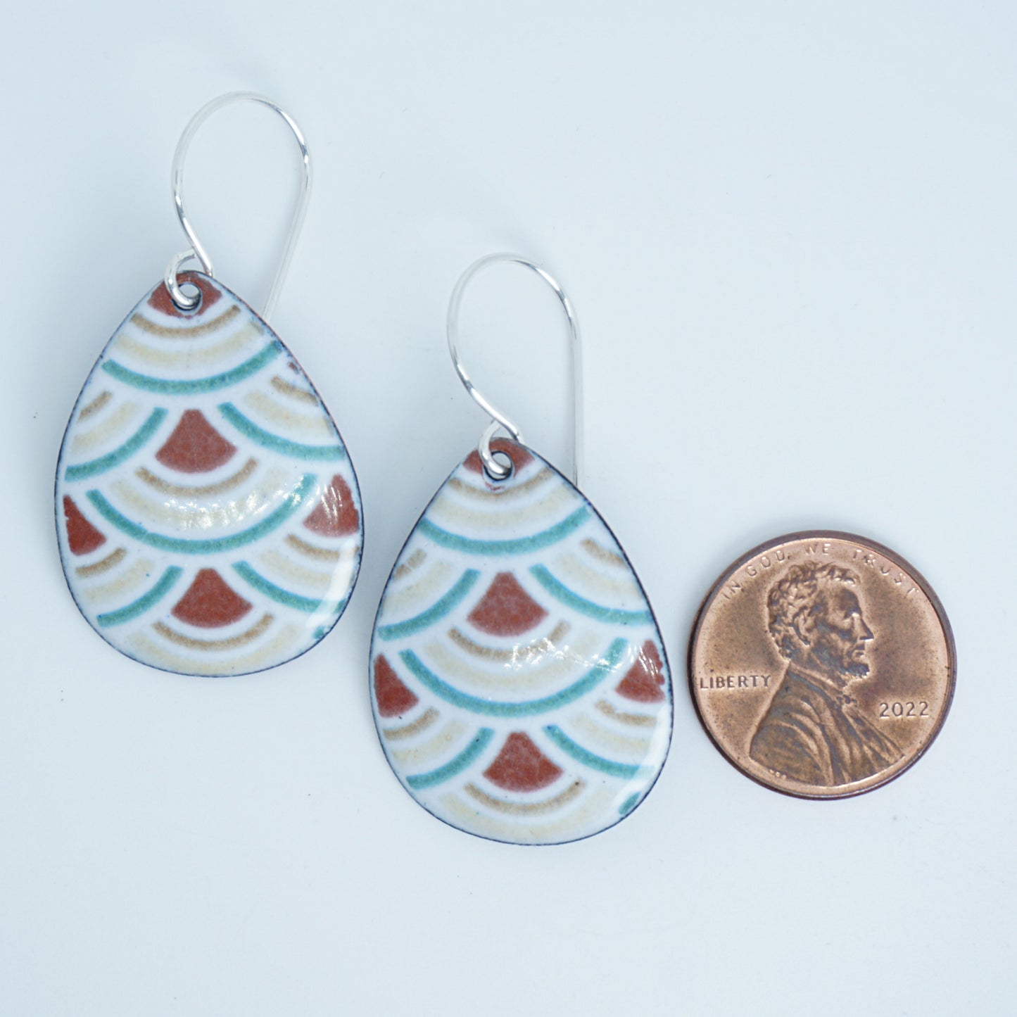 White Enamel Teardrop Earrings with Japanese Wave