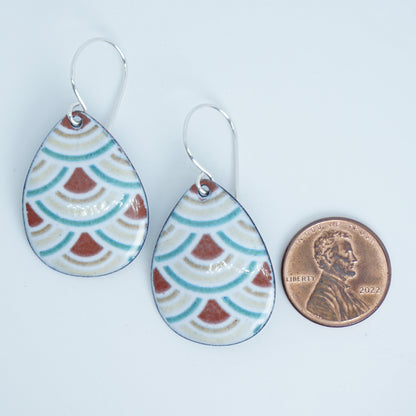 White Enamel Teardrop Earrings with Japanese Wave