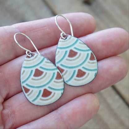 White Enamel Teardrop Earrings with Japanese Wave