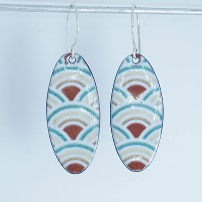 White Enamel Oval Earrings with Japanese Wave
