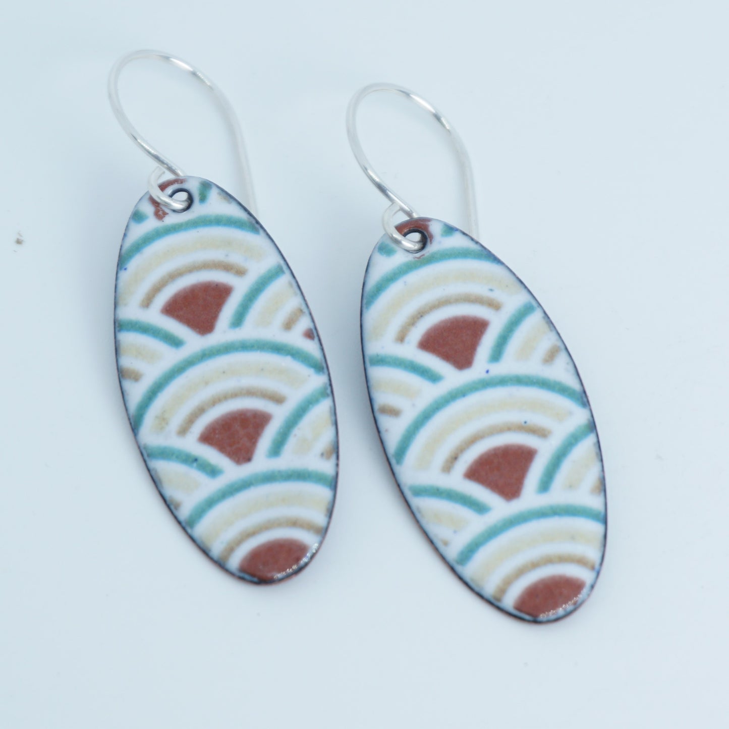 White Enamel Oval Earrings with Japanese Wave