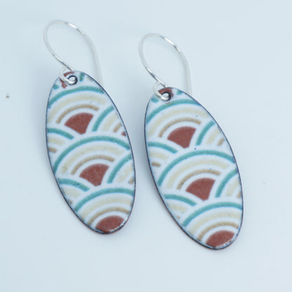 White Enamel Oval Earrings with Japanese Wave