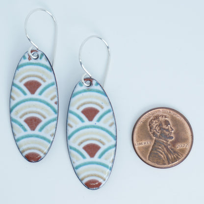 White Enamel Oval Earrings with Japanese Wave
