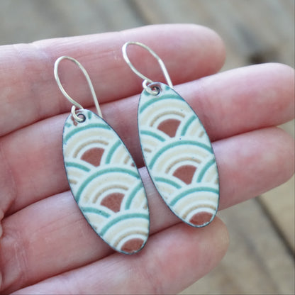 White Enamel Oval Earrings with Japanese Wave