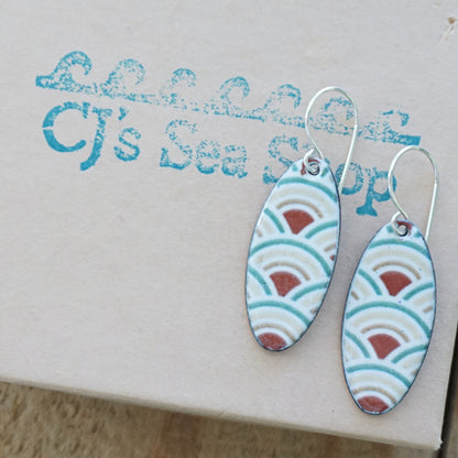 White Enamel Oval Earrings with Japanese Wave