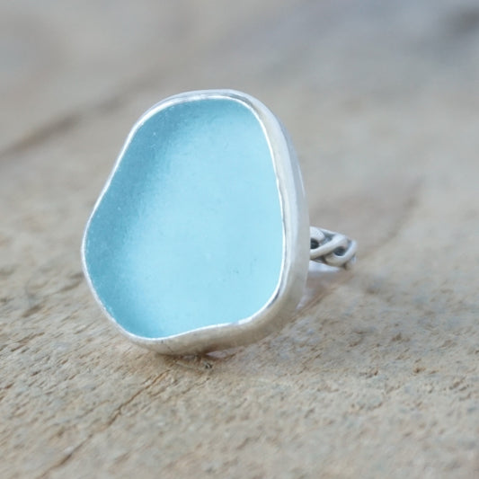 Size 9 Soft Aqua Blue Sea Glass Statement Ring