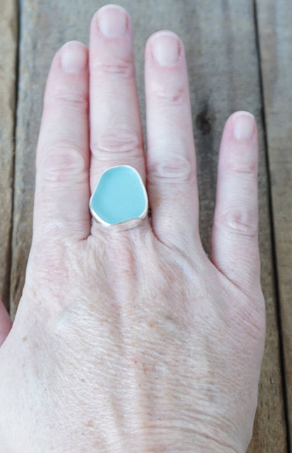 Size 9 Soft Aqua Blue Sea Glass Statement Ring