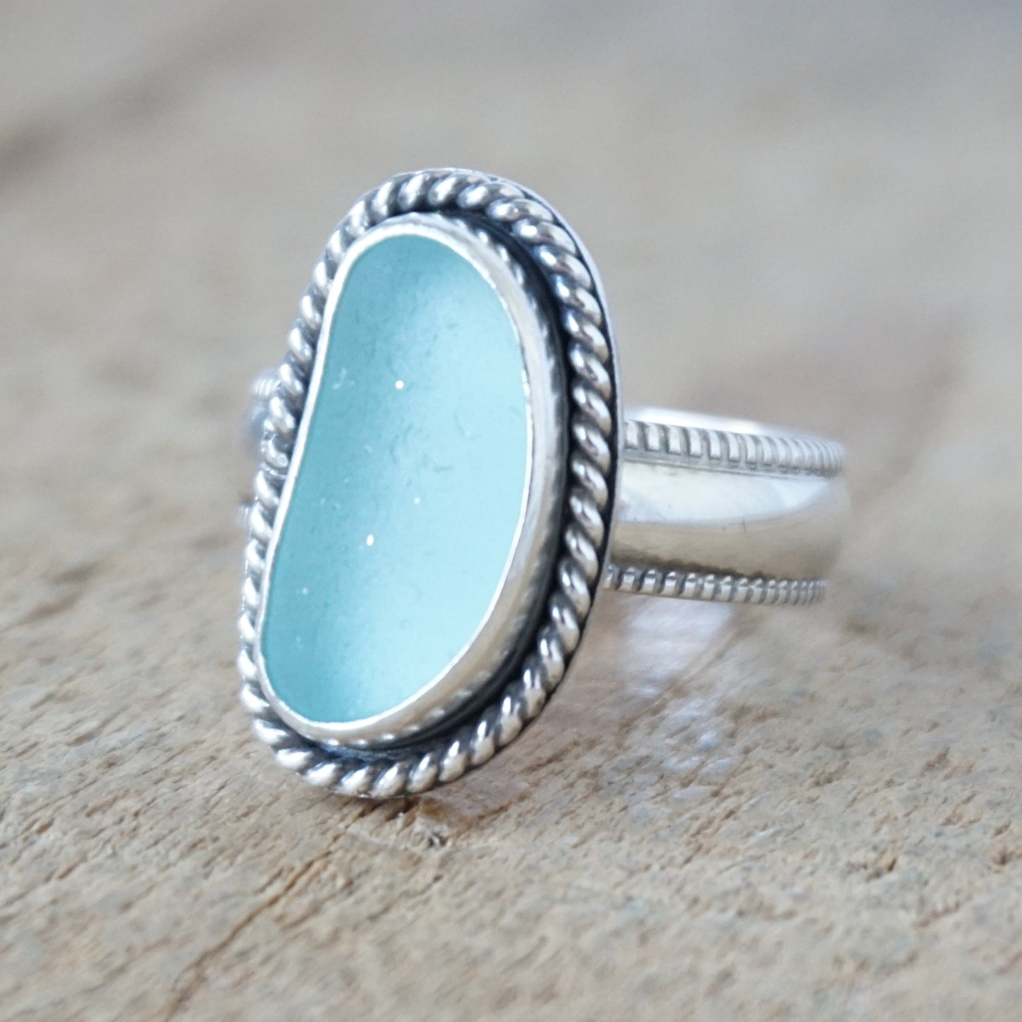 Size 8 1/2 Light Teal Blue Green Sea Glass Statement Ring