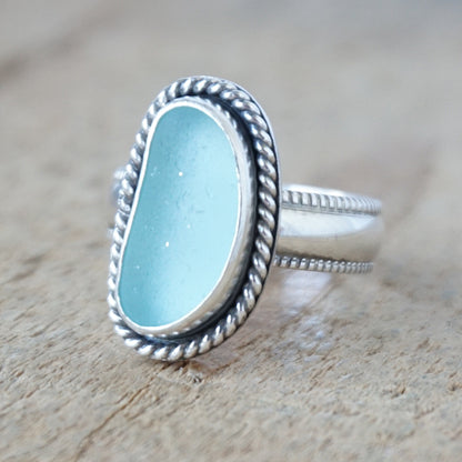 Size 8 1/2 Light Teal Blue Green Sea Glass Statement Ring