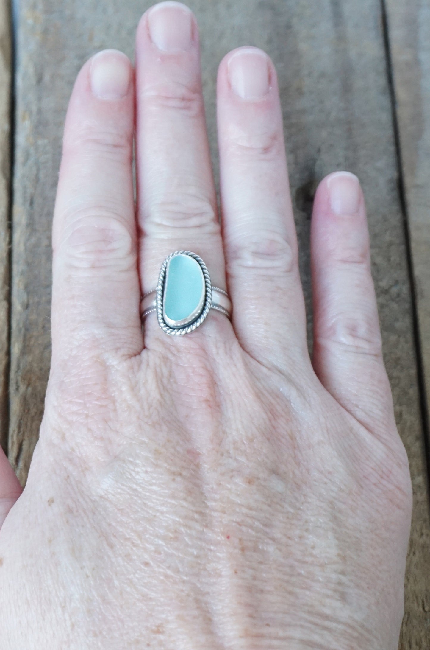 Size 8 1/2 Light Teal Blue Green Sea Glass Statement Ring