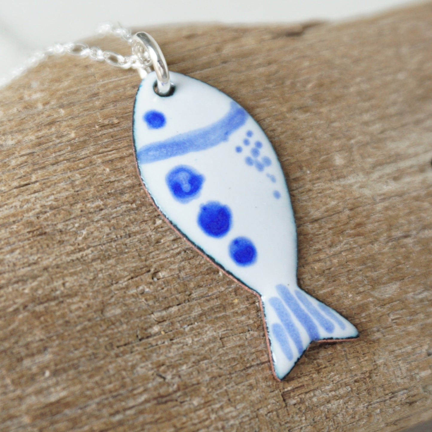 White and Blue Enamel Fish Necklace