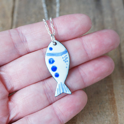White and Blue Enamel Fish Necklace
