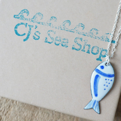 White and Blue Enamel Fish Necklace