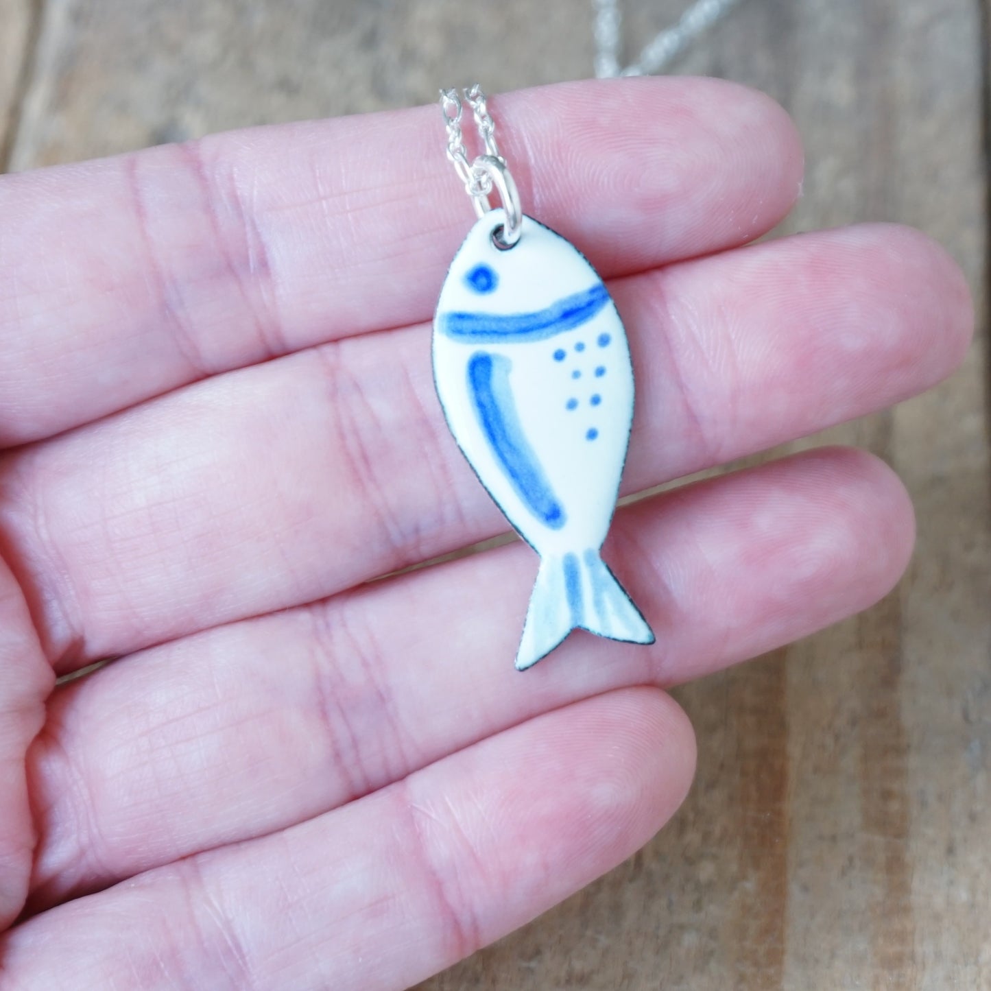 White and Blue Enamel Fish Necklace