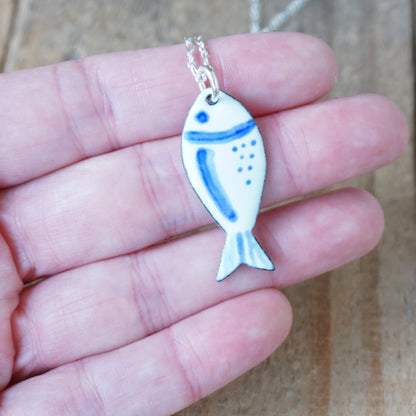 White and Blue Enamel Fish Necklace