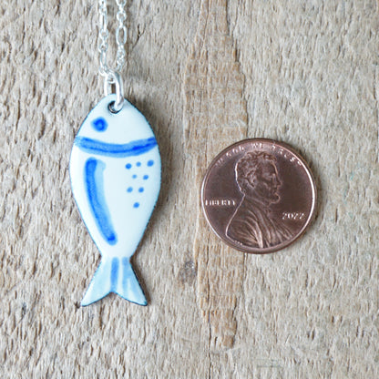 White and Blue Enamel Fish Necklace