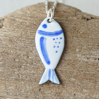 White and Blue Enamel Fish Necklace