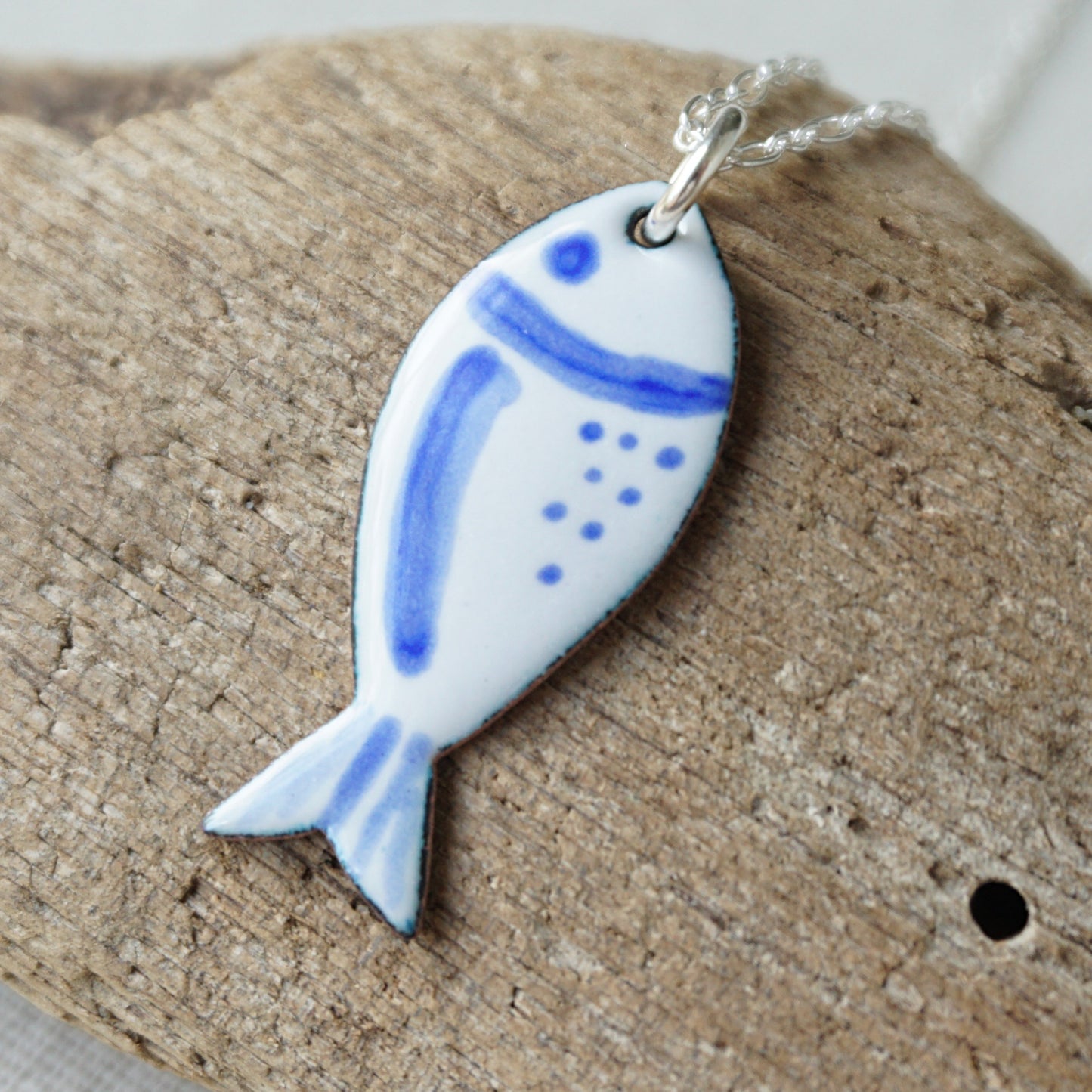 White and Blue Enamel Fish Necklace