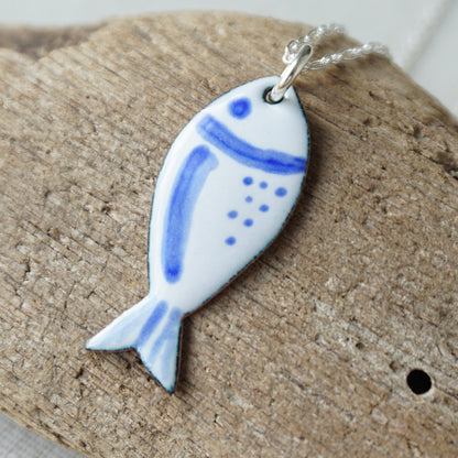 White and Blue Enamel Fish Necklace