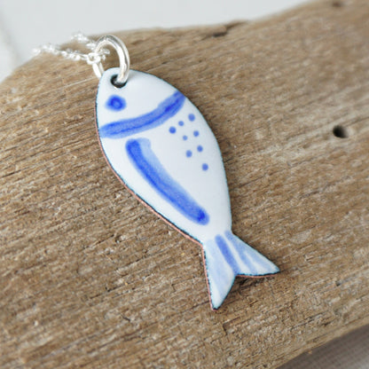 White and Blue Enamel Fish Necklace