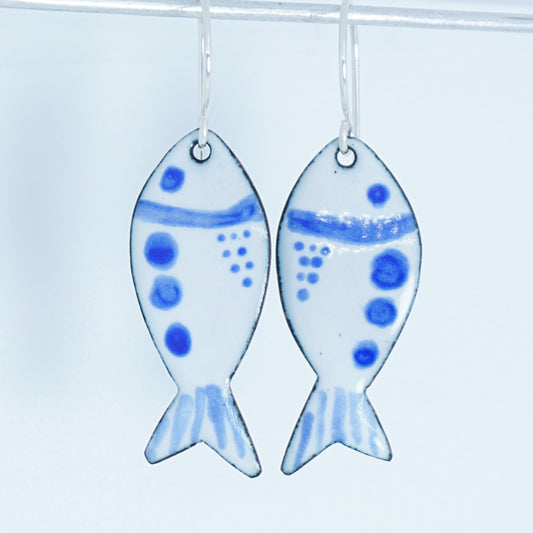 White and Blue Enamel Fish Earrings