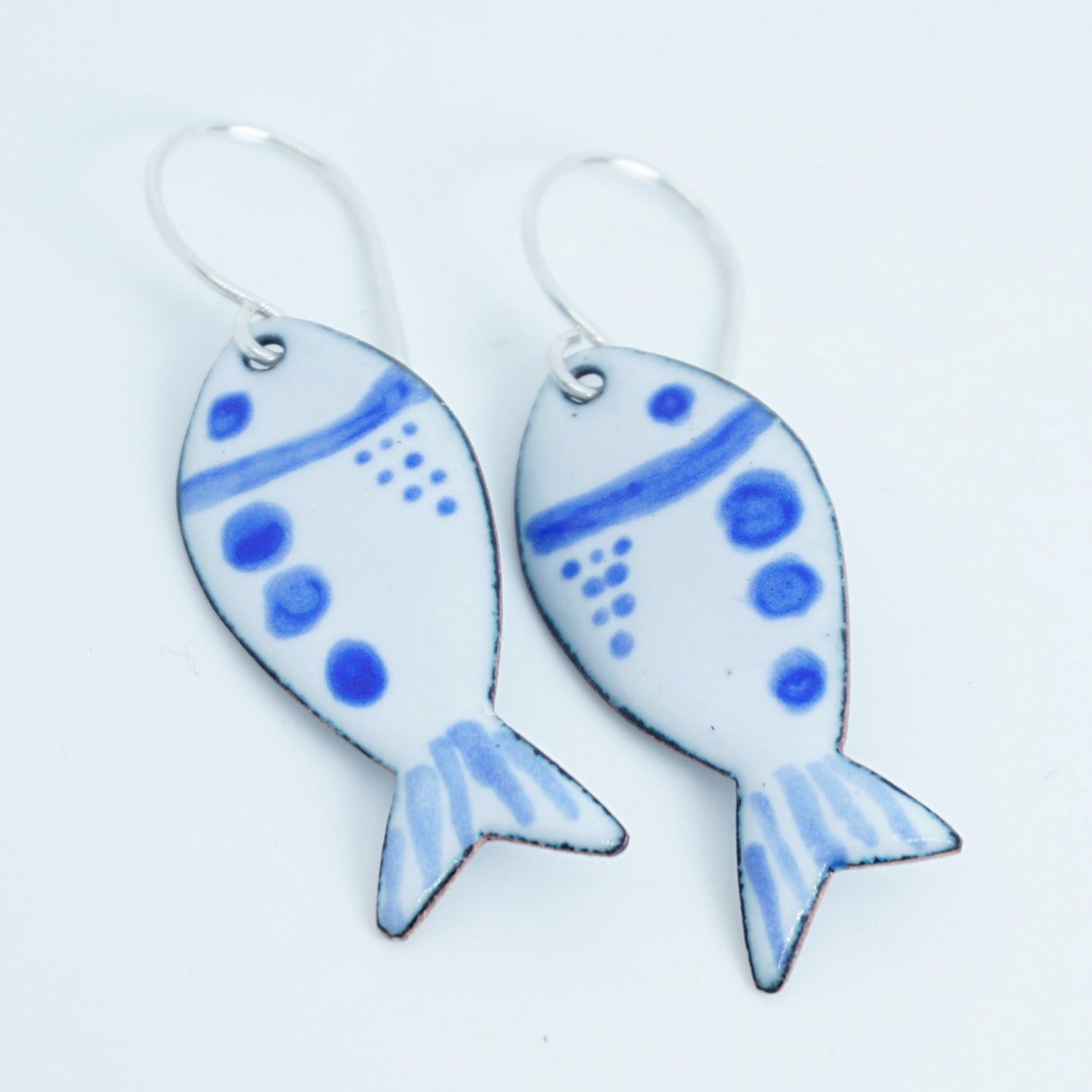 White and Blue Enamel Fish Earrings