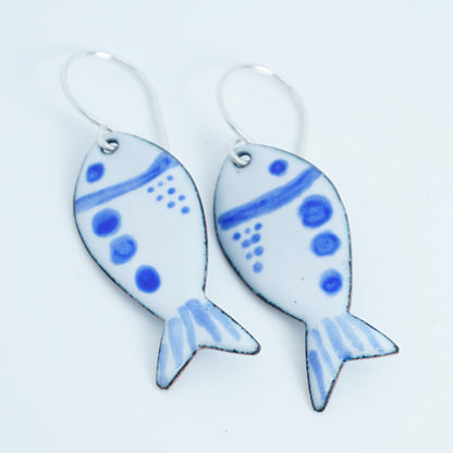 White and Blue Enamel Fish Earrings