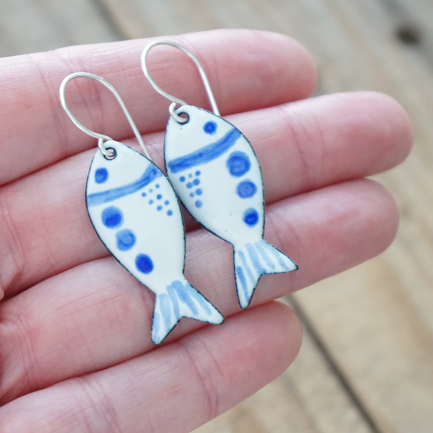 White and Blue Enamel Fish Earrings
